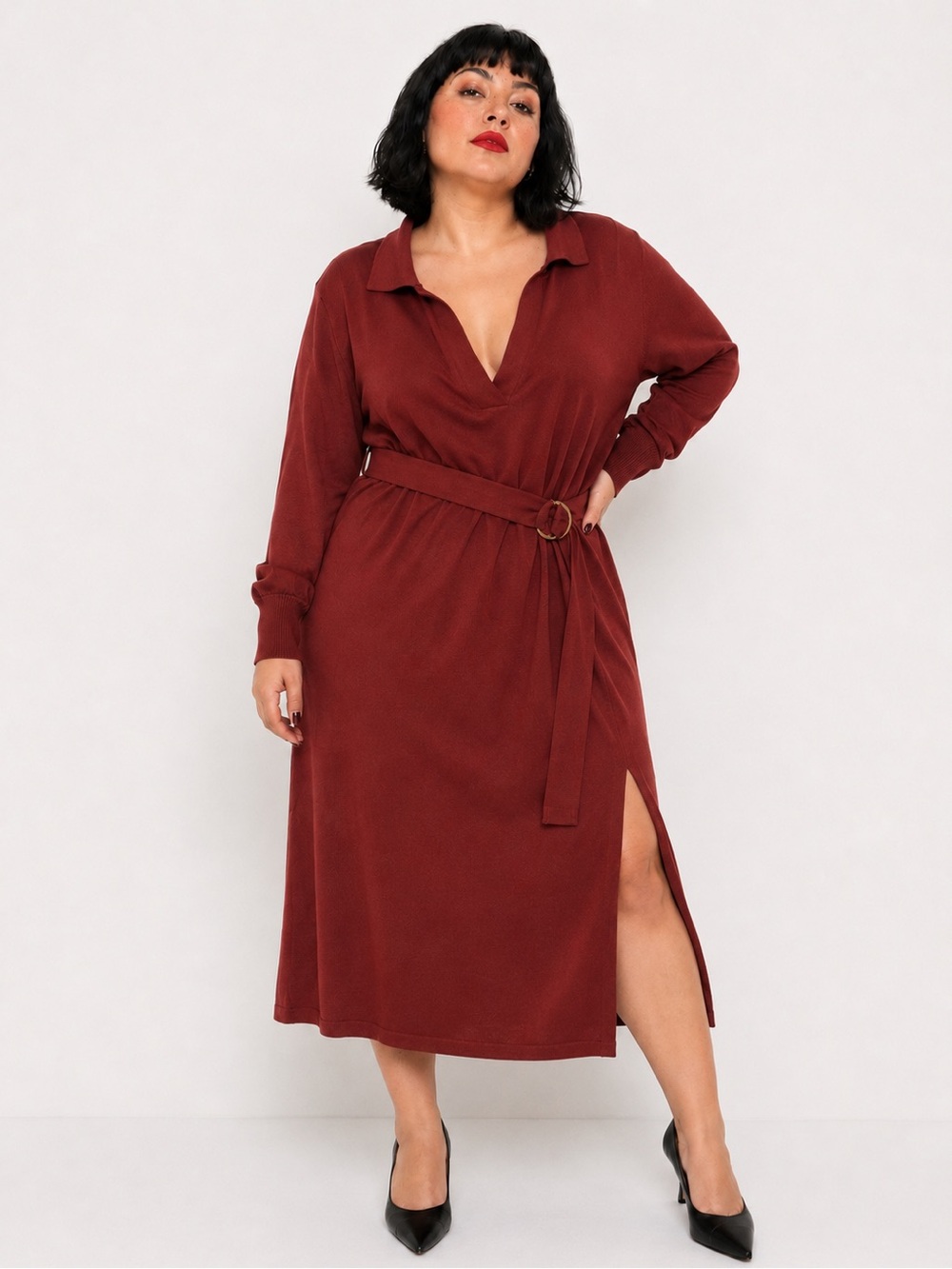 Maia knit lightweight sweater dress- ox blood red, belt sash, v neck- 2X